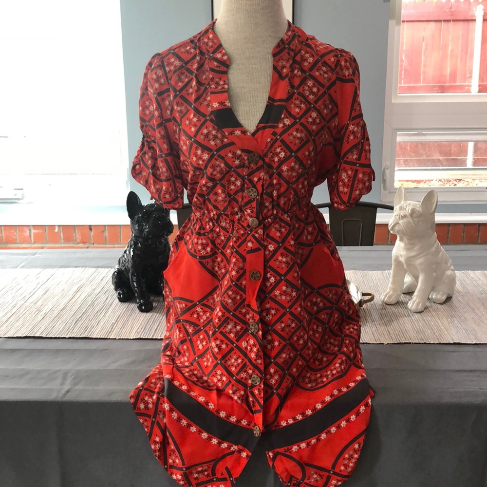 Red patterned silk dress from Anthropologie
